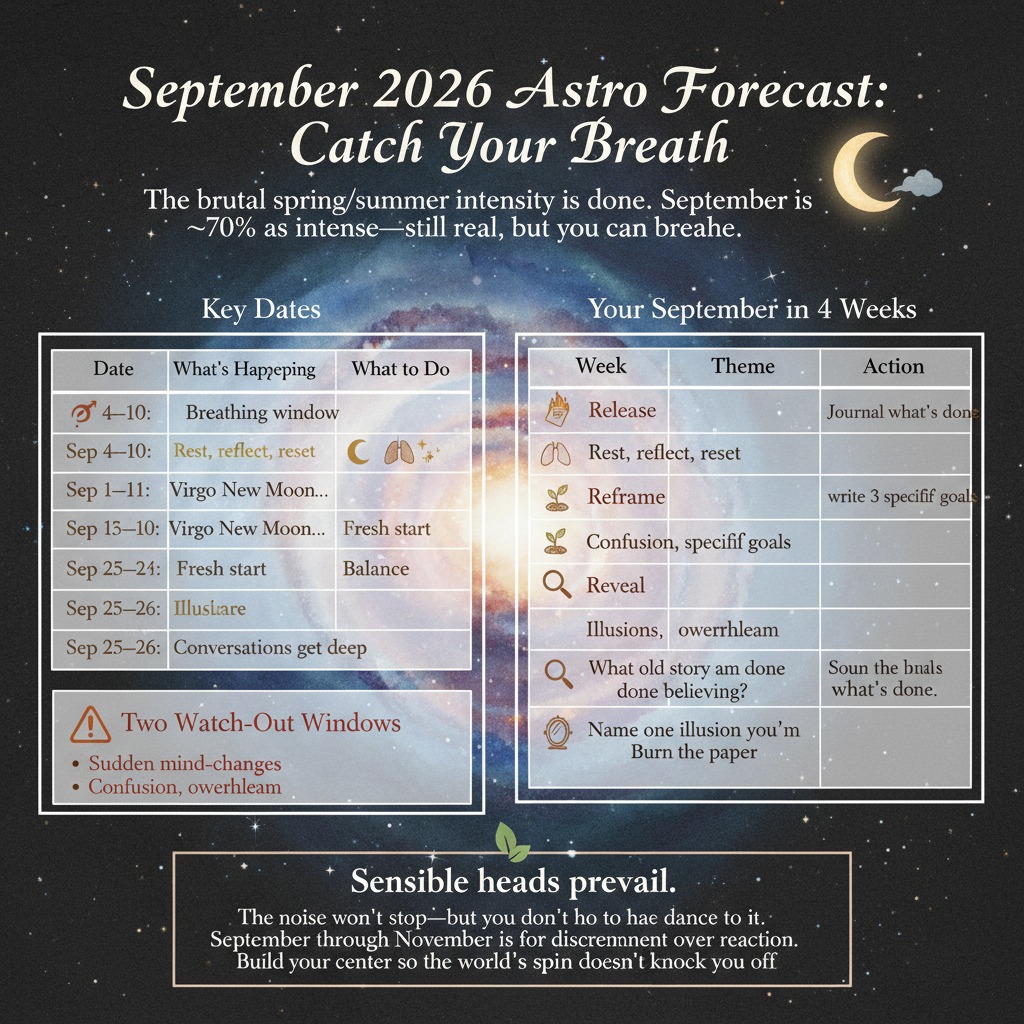 An astrological forecast infographic for September 2026 titled "Catch Your Breath" featuring tables of key dates, weekly themes, and actionable advice against a starry galaxy background.